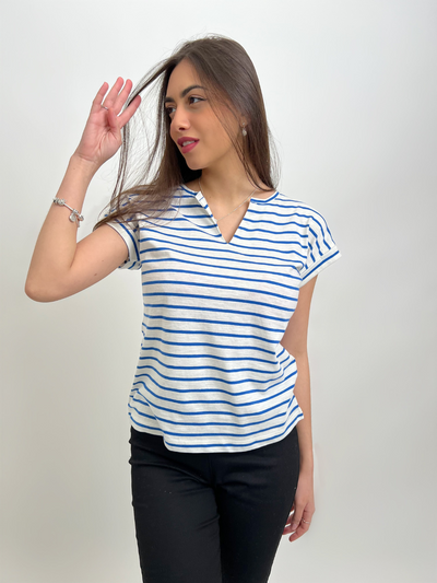 Freequent top blue stripe short sleeves