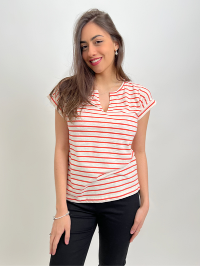 Freequent top red stripe short sleeves