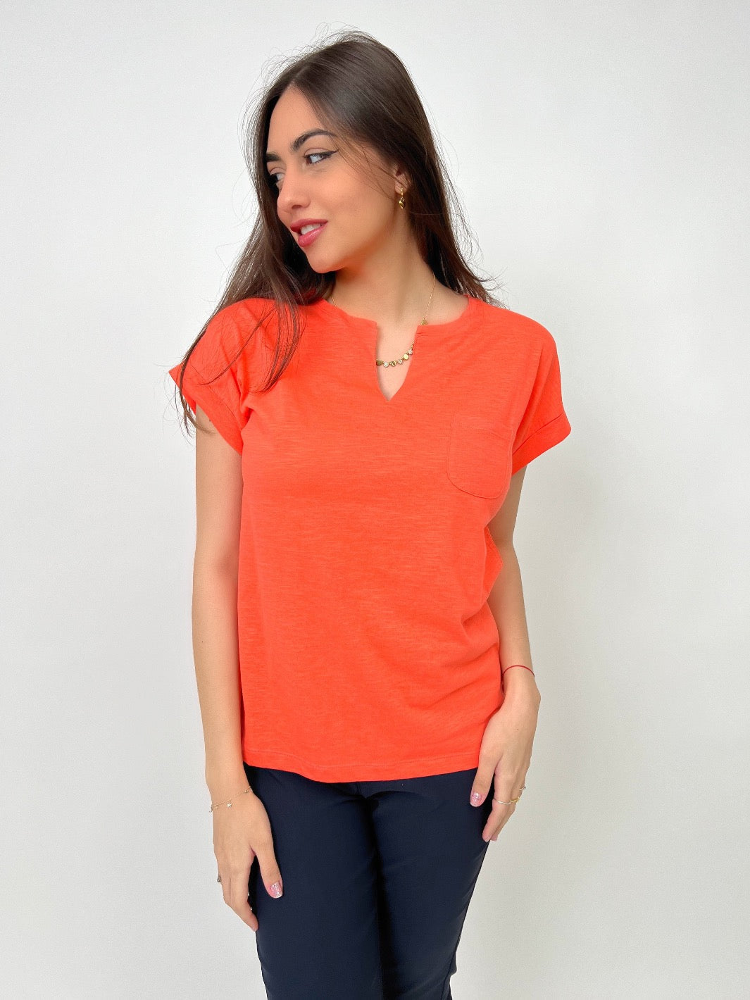Freequent Top With Pocket In Hot Coral-Nicola Ross