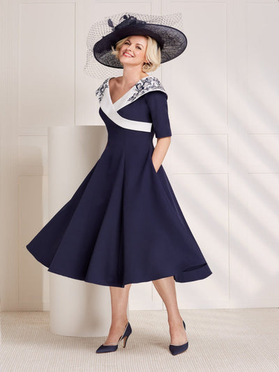 John Charles 66405 Bardot Dress With Contrast Collar In Navy-Mother of the bride- mother of the groom -Nicola Ross