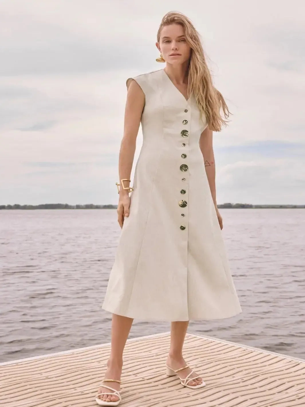 Joseph Ribkoff Button Down Midi Dress In Natural 262129-Nicola Ross