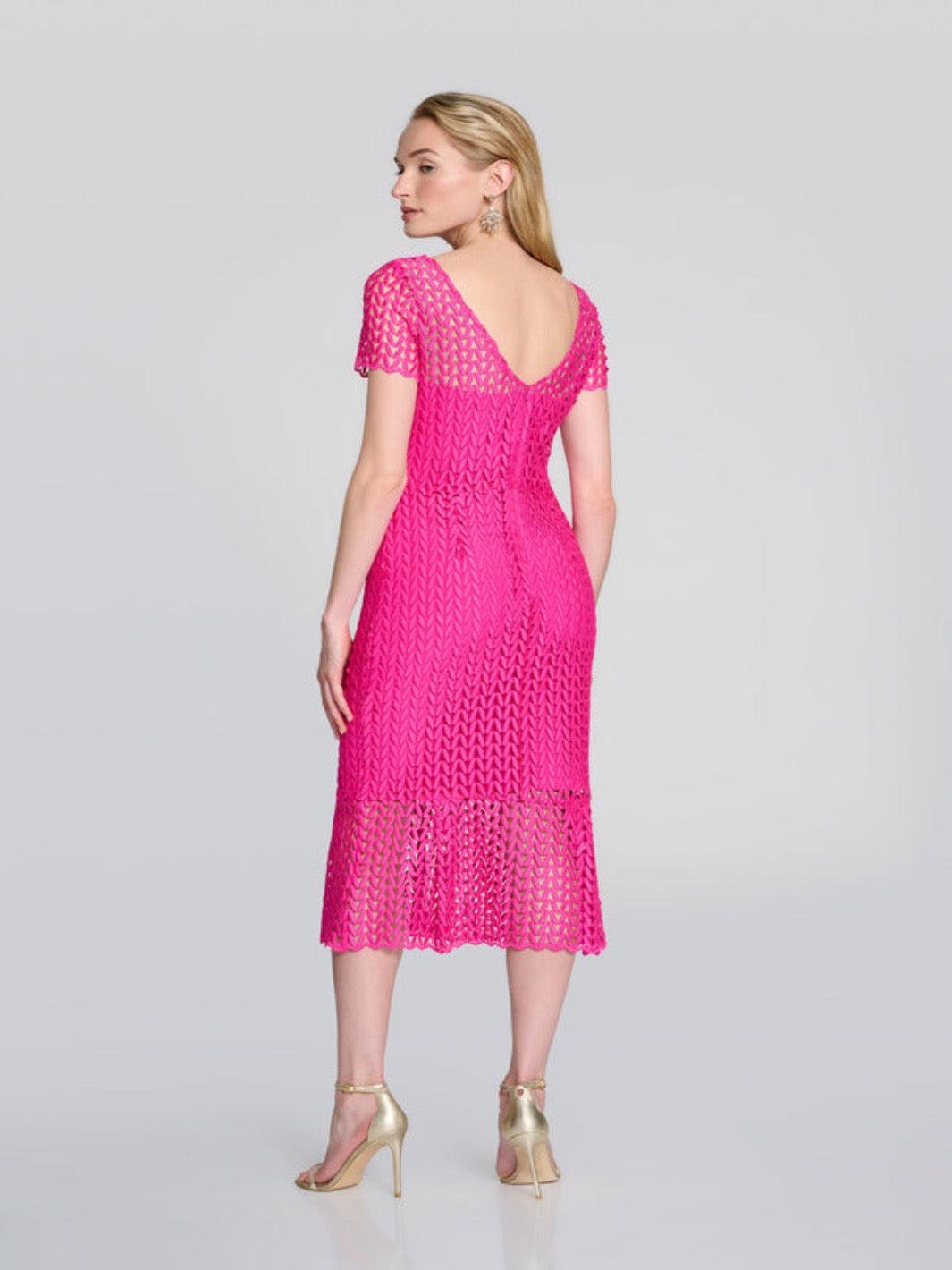 Joseph Ribkoff Chevron Lace Overlay Dress In Pink 242704-Nicola Ross