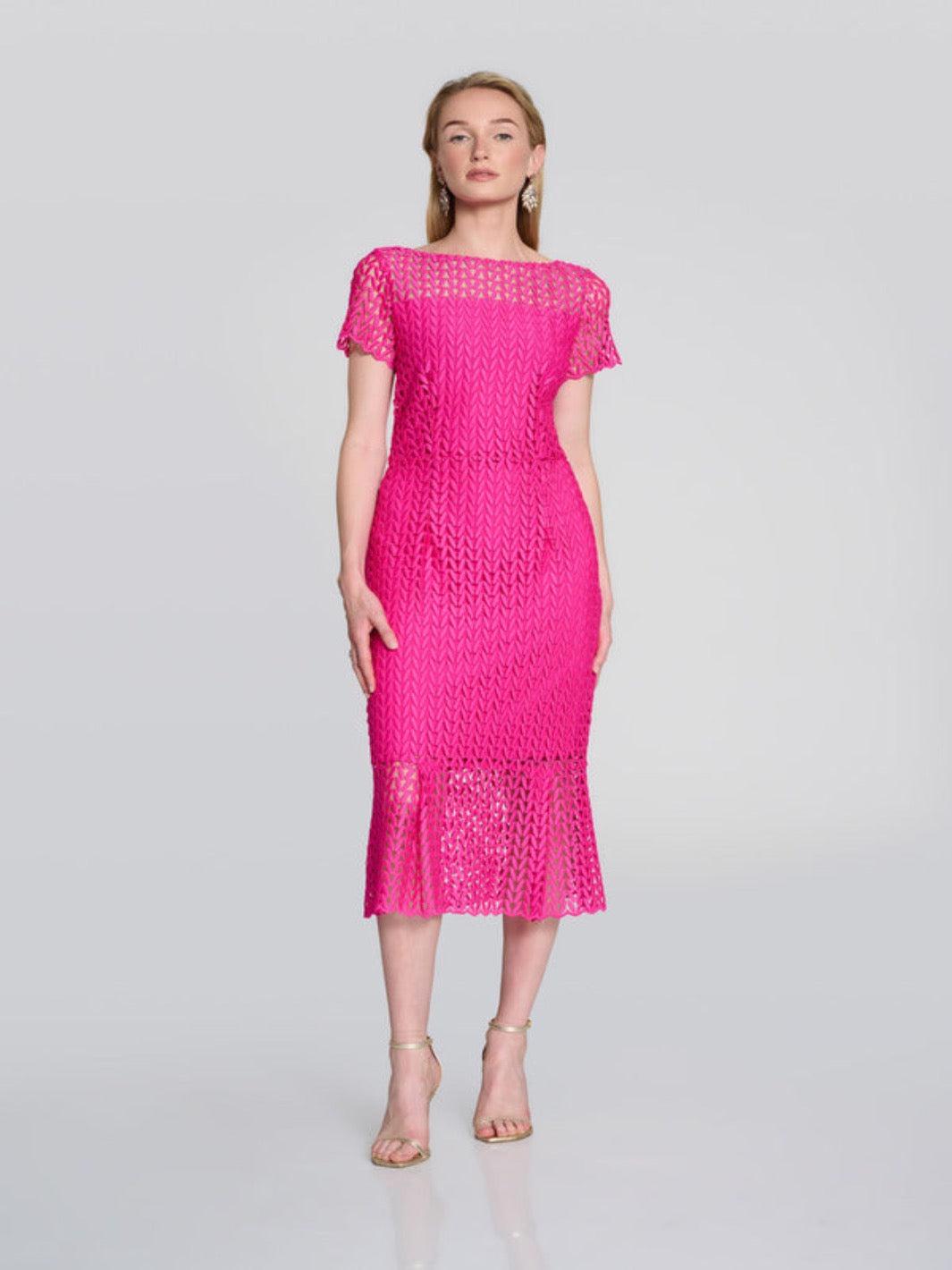 Joseph Ribkoff Chevron Lace Overlay Dress In Pink 242704-Nicola Ross