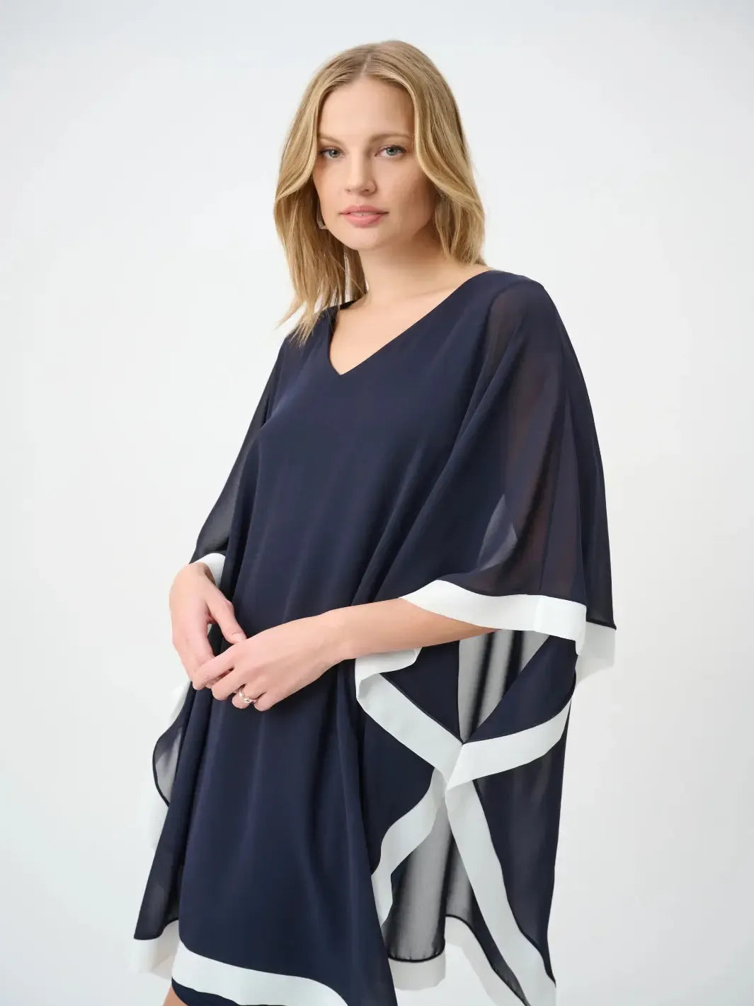 Joseph Ribkoff Chiffon Overlay Dress In Midnight Blue/Vanilla 264714-Nicola Ross