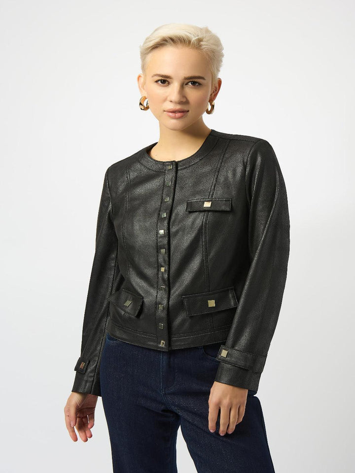 Woman wearing a black leather jacket on a white background