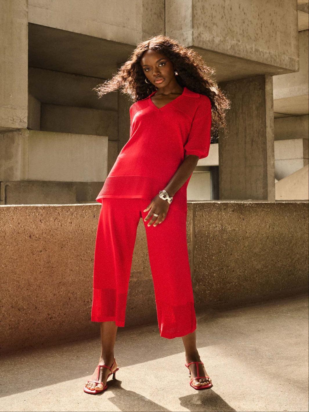 Joseph Ribkoff Cropped Wide-leg Mesh Trousers In Radiant Red 251915-Nicola Ross