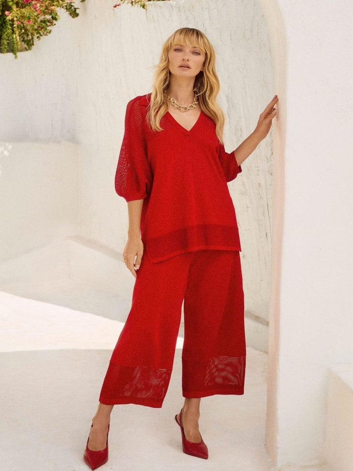 Joseph Ribkoff Cropped Wide-leg Mesh Trousers In Radiant Red 251915-Nicola Ross