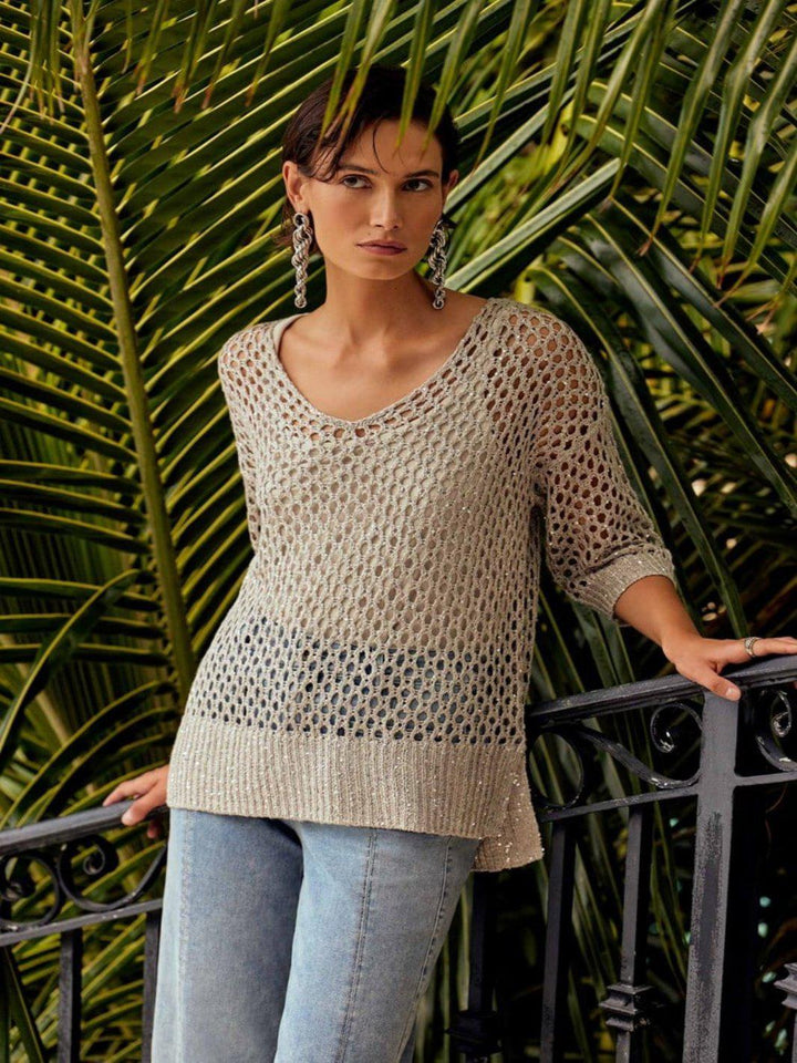 Joseph Ribkoff Embellished V-neck Pullover Top In Champagne 241922-Nicola Ross