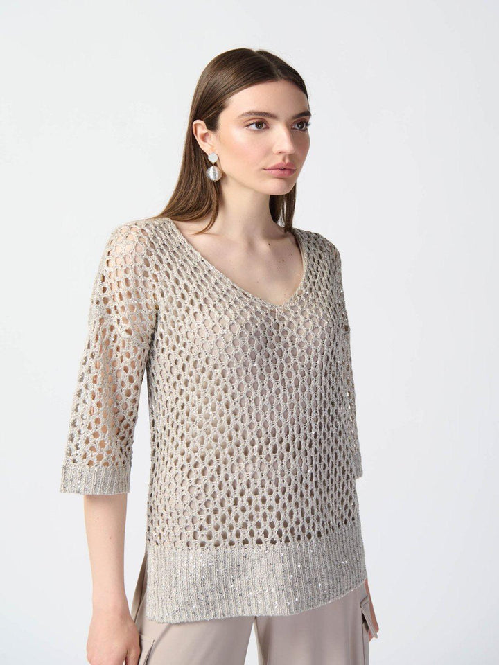 Joseph Ribkoff Embellished V-neck Pullover Top In Champagne 241922-Nicola Ross