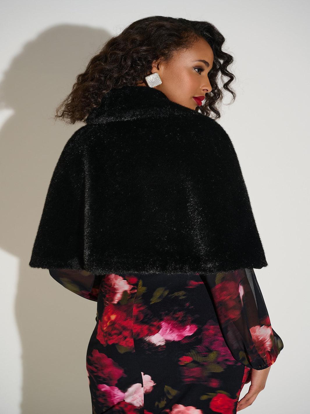Joseph Ribkoff Faux Fur Cape With Crystal Brooch In Black 253749-Nicola Ross