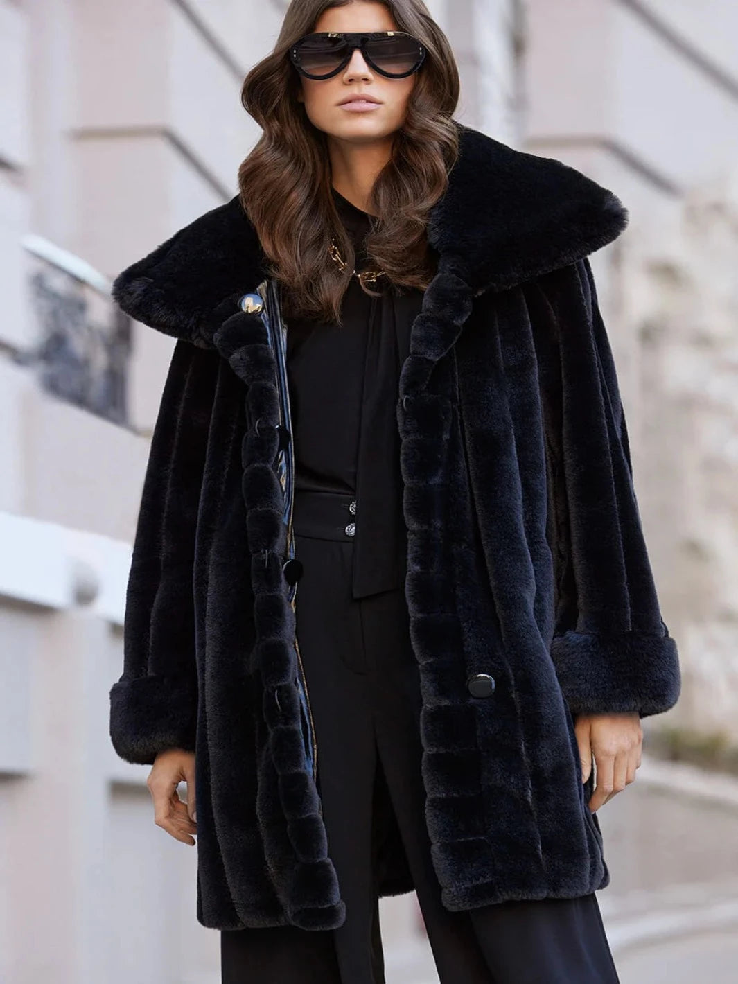 Joseph Ribkoff Faux Fur Coat In Black 233900-Nicola Ross