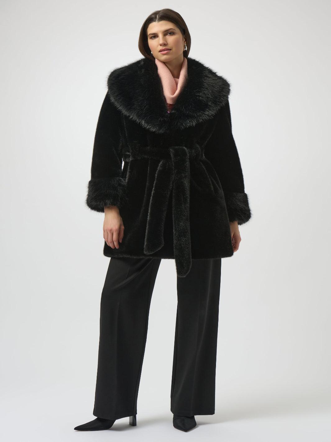 Joseph Ribkoff Faux Fur Coat With Belt In Black 254907 – Nicola Ross