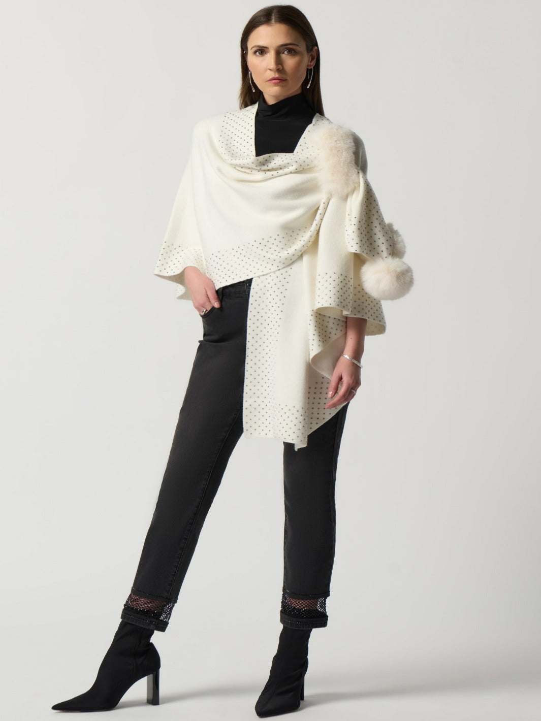 Joseph Ribkoff - Faux Fur & Glitter Poncho in White 233939-Nicola Ross
