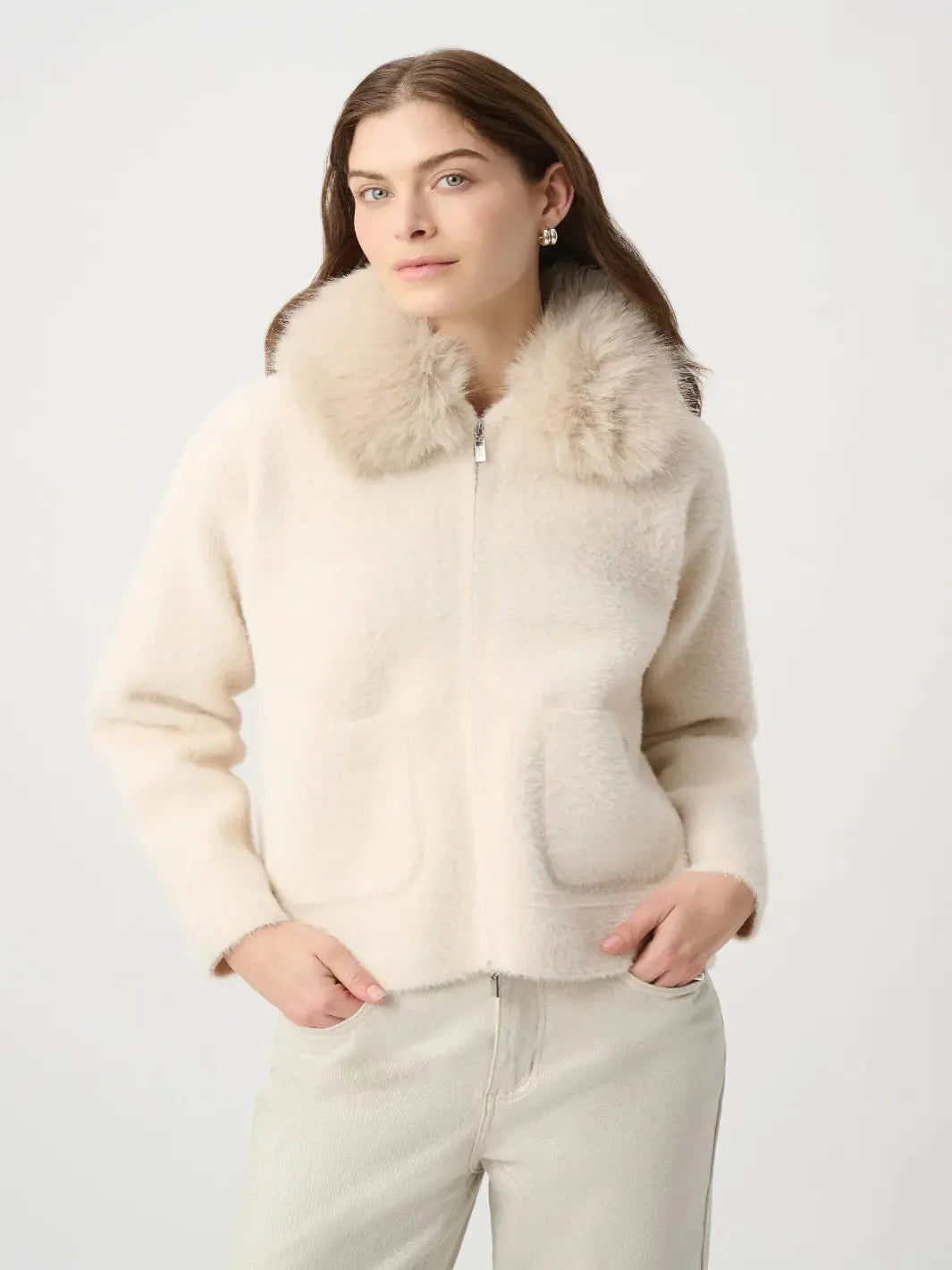 Joseph Ribkoff Faux Fur Knit Jacket In Birch 264920-Nicola Ross