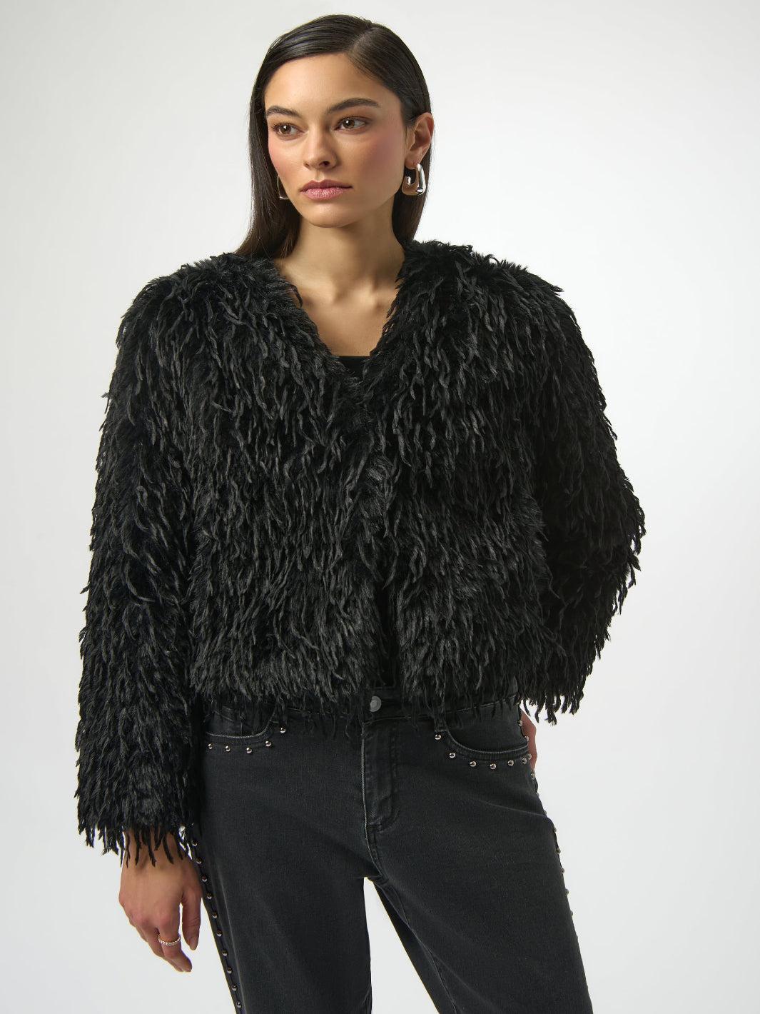 Joseph Ribkoff Faux Fur Open Front Jacket In Black 254905-Nicola Ross
