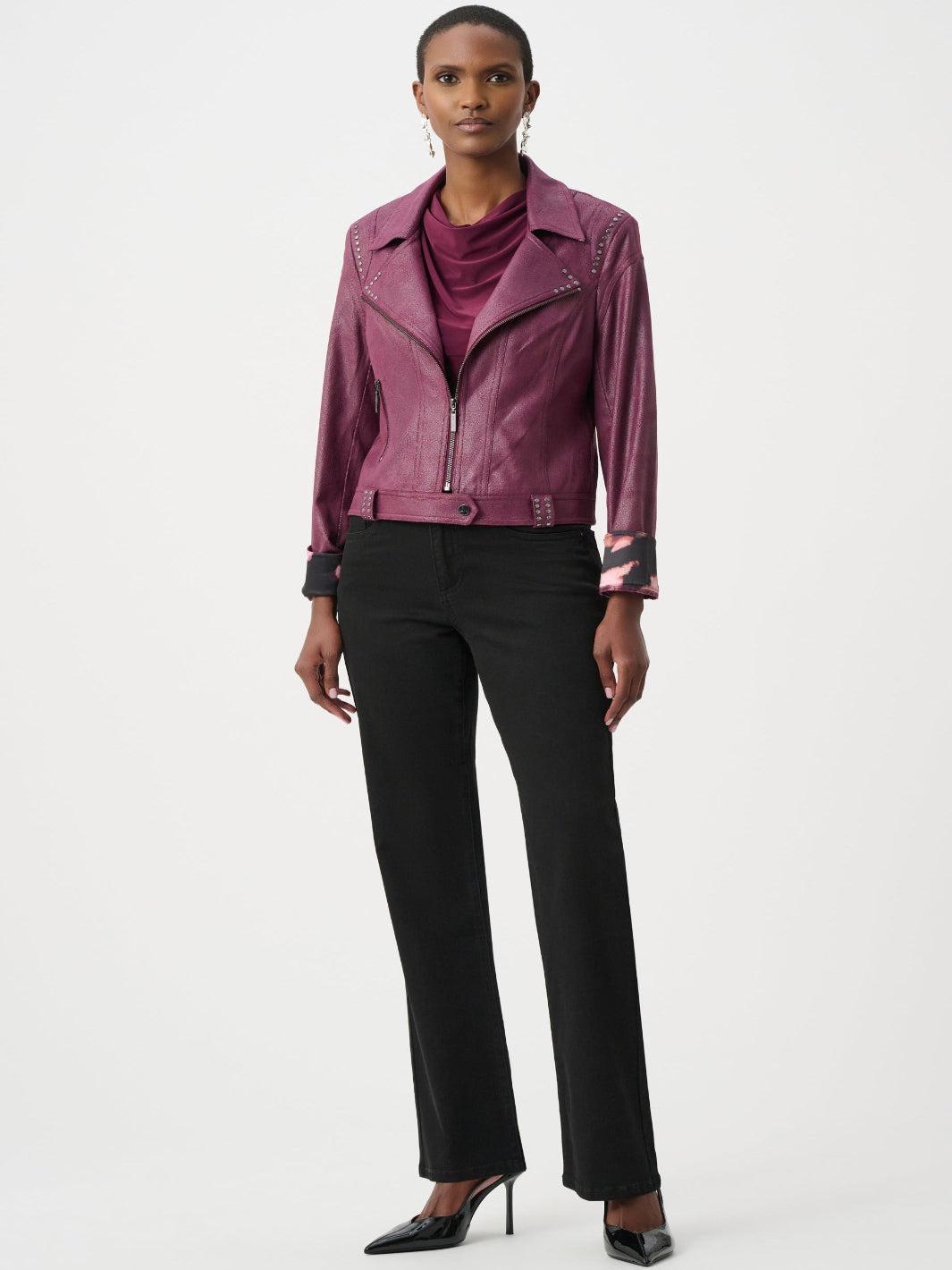 Joseph Ribkoff Faux Leather Biker Jacket In Elderberry 263907-Nicola Ross