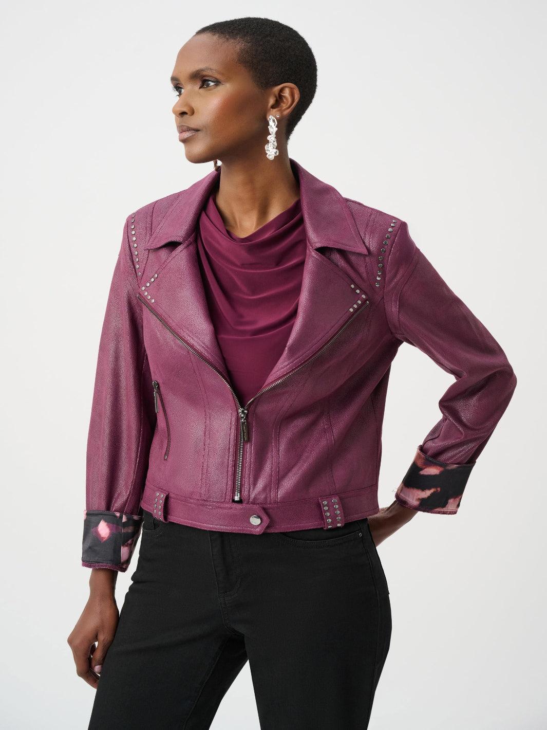 Joseph Ribkoff Faux Leather Biker Jacket In Elderberry 263907-Nicola Ross