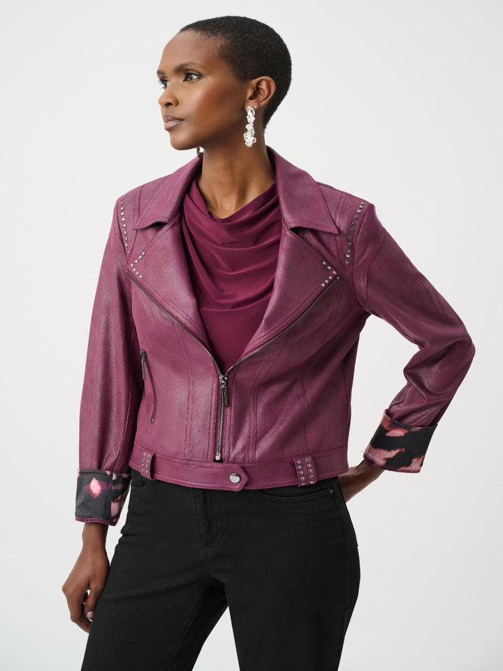 Joseph Ribkoff Faux Leather Biker Jacket In Elderberry 263907-Nicola Ross