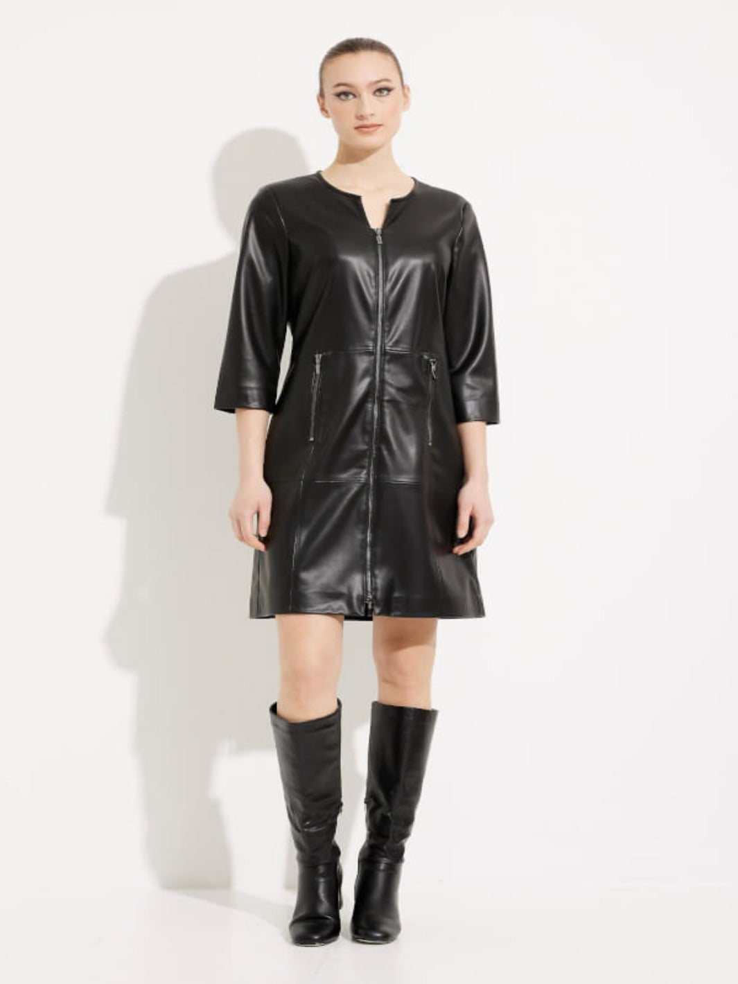 Joseph Ribkoff - Faux Leather Zip-up Dress in Black 233920-Nicola Ross