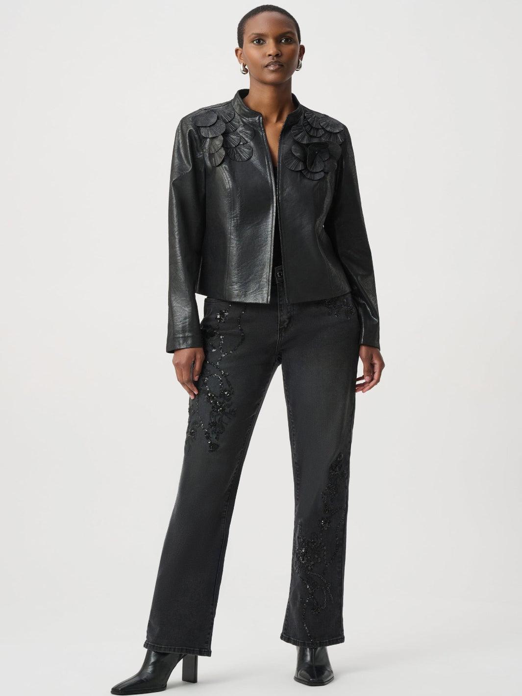 Joseph Ribkoff Floral Faux Leather Jacket In Black 264906-Nicola Ross