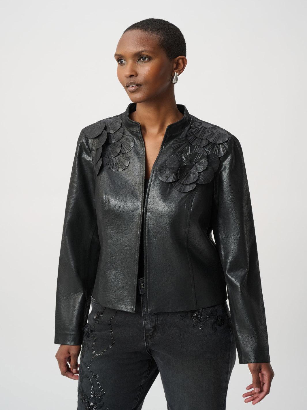 Joseph Ribkoff Floral Faux Leather Jacket In Black 264906-Nicola Ross