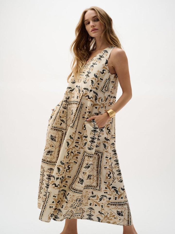 Joseph Ribkoff Floral Sleeveless Midi Dress In Beige/Multi 262908-Nicola Ross