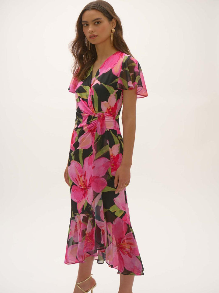 Joseph Ribkoff Floral V-neck Wrap Dress In Black/Multi 252714-Nicola Ross