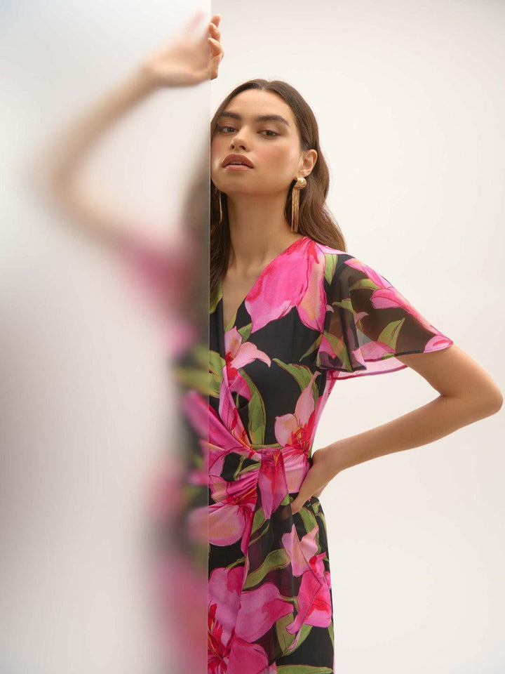 Joseph Ribkoff Floral V-neck Wrap Dress In Black/Multi 252714-Nicola Ross