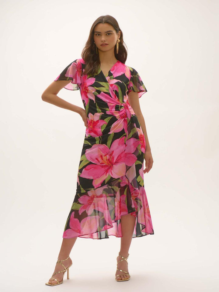 Joseph Ribkoff Floral V-neck Wrap Dress In Black/Multi 252714-Nicola Ross