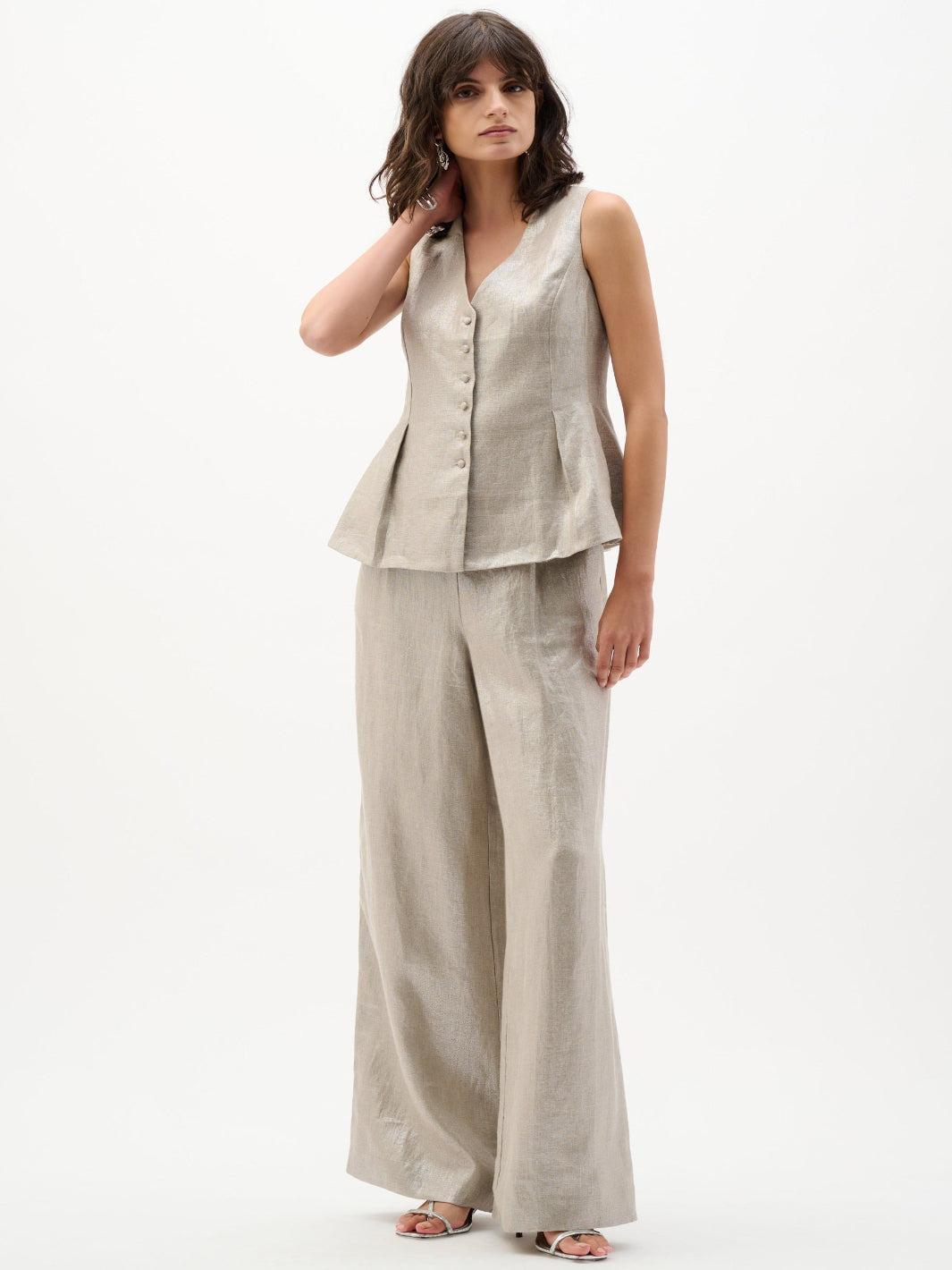 Joseph Ribkoff Foiled Linen Wide Leg Pants In Champagne 262947-Nicola Ross