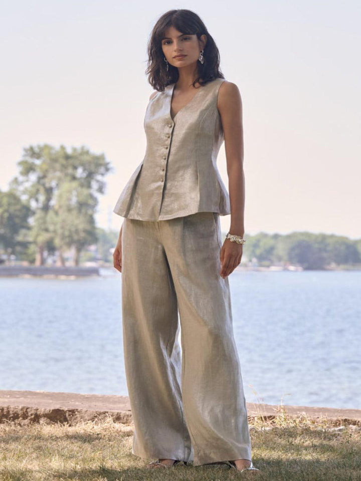 Joseph Ribkoff Foiled Linen Wide Leg Pants In Champagne 262947-Nicola Ross