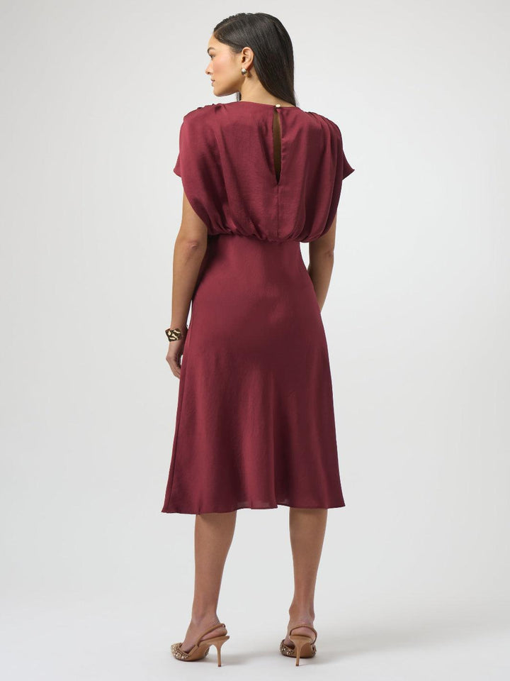 Woman wearing a burgundy dress on a white background