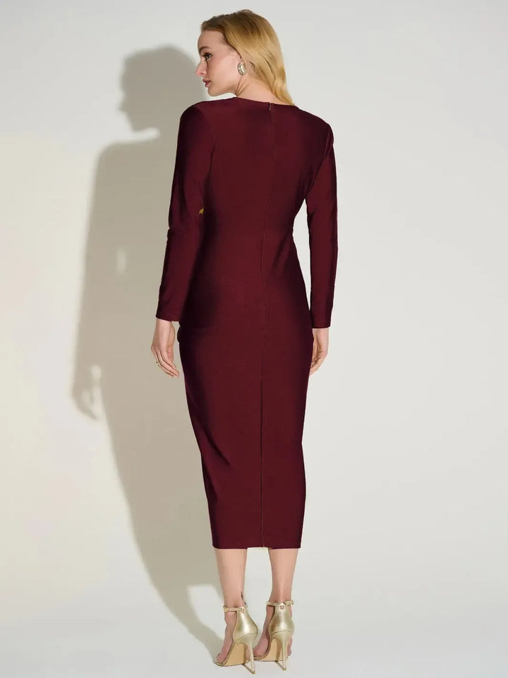 Joseph Ribkoff Formal Ruched V-neck Dress In Merlot 253714-Nicola Ross