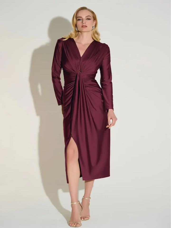 Joseph Ribkoff Formal Ruched V-neck Dress In Merlot 253714-Nicola Ross