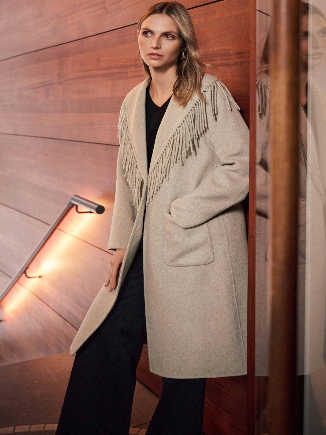 Joseph Ribkoff Fringe Detail Coat In Oatmeal 263912-Nicola Ross