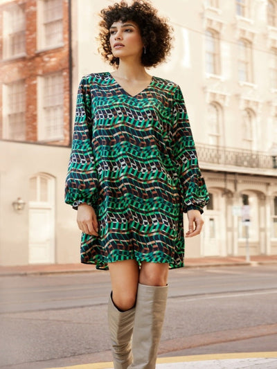 Joseph Ribkoff - Geo Print Puff Sleeve Dress in Green Multi 233272-Nicola Ross
