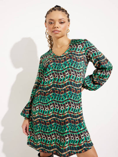 Joseph Ribkoff - Geo Print Puff Sleeve Dress in Green Multi 233272-Nicola Ross