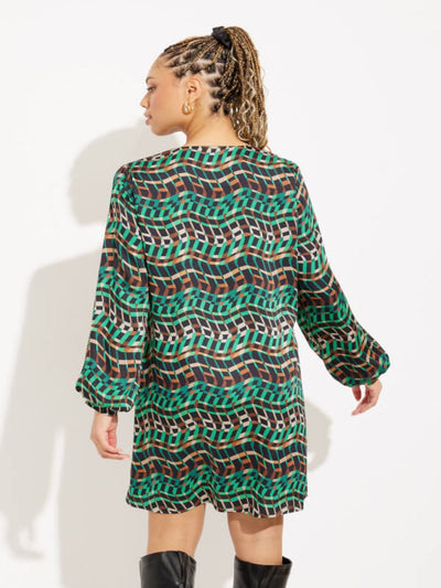 Joseph Ribkoff - Geo Print Puff Sleeve Dress in Green Multi 233272-Nicola Ross