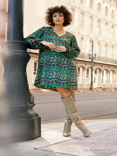 Joseph Ribkoff - Geo Print Puff Sleeve Dress in Green Multi 233272-Nicola Ross