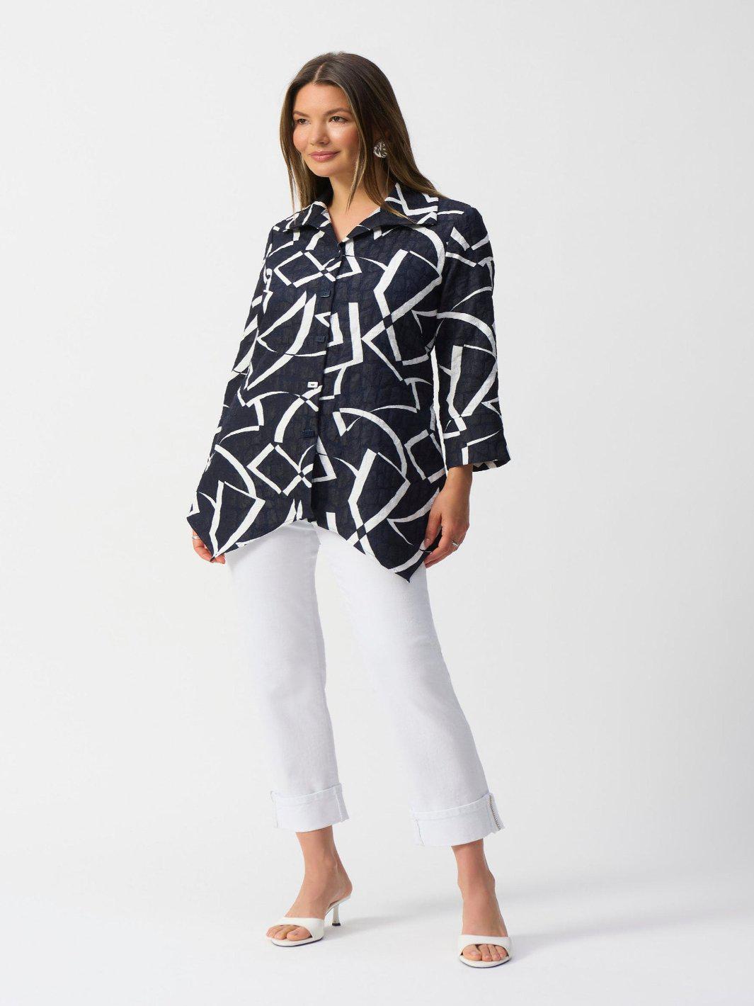 Joseph Ribkoff Jacquard Abstract Print Jacket In Midnight Blue/Vanilla 251021-Nicola Ross