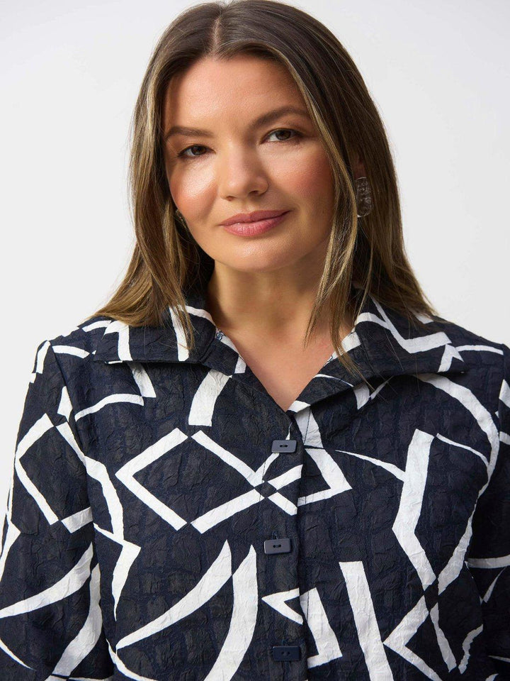 Joseph Ribkoff Jacquard Abstract Print Jacket In Midnight Blue/Vanilla 251021-Nicola Ross