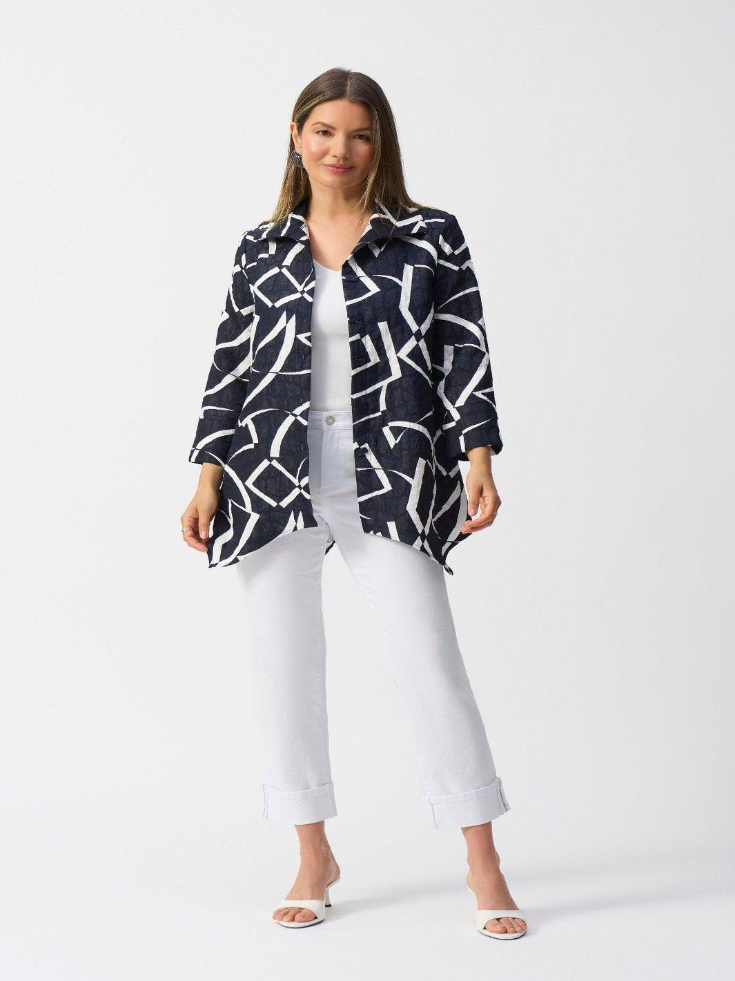 Joseph Ribkoff Jacquard Abstract Print Jacket In Midnight Blue/Vanilla 251021-Nicola Ross