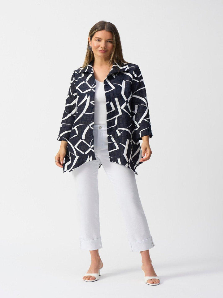 Joseph Ribkoff Jacquard Abstract Print Jacket In Midnight Blue/Vanilla 251021-Nicola Ross