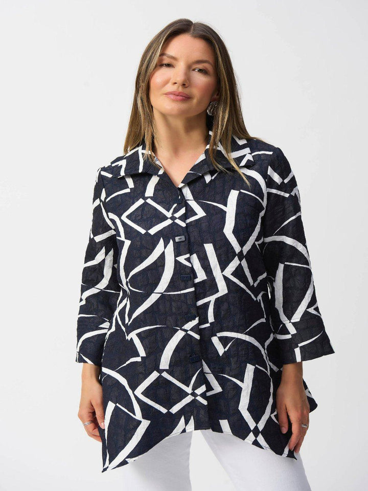 Joseph Ribkoff Jacquard Abstract Print Jacket In Midnight Blue/Vanilla 251021-Nicola Ross