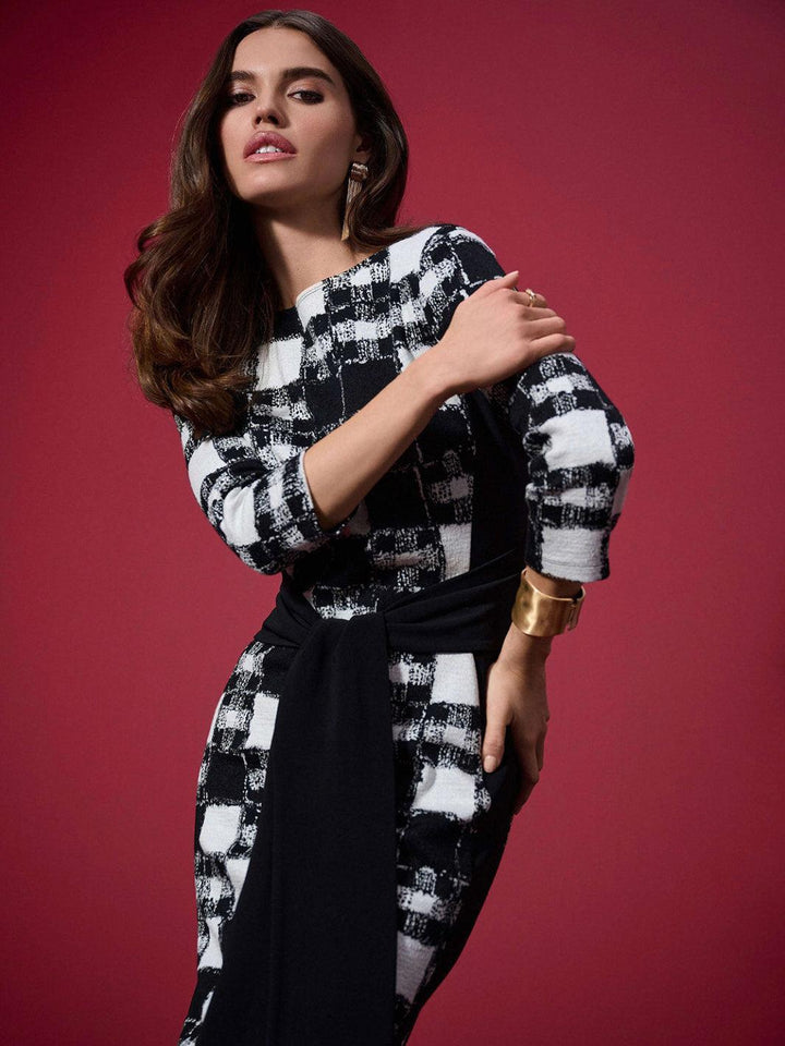 Joseph Ribkoff Jacquard Check Pencil Dress In Black/Cream 253289-Nicola Ross