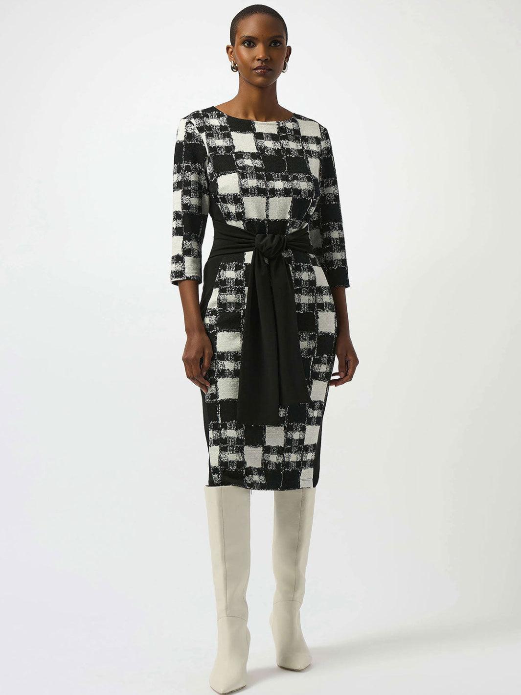 Joseph Ribkoff Jacquard Check Pencil Dress In Black/Cream 253289-Nicola Ross