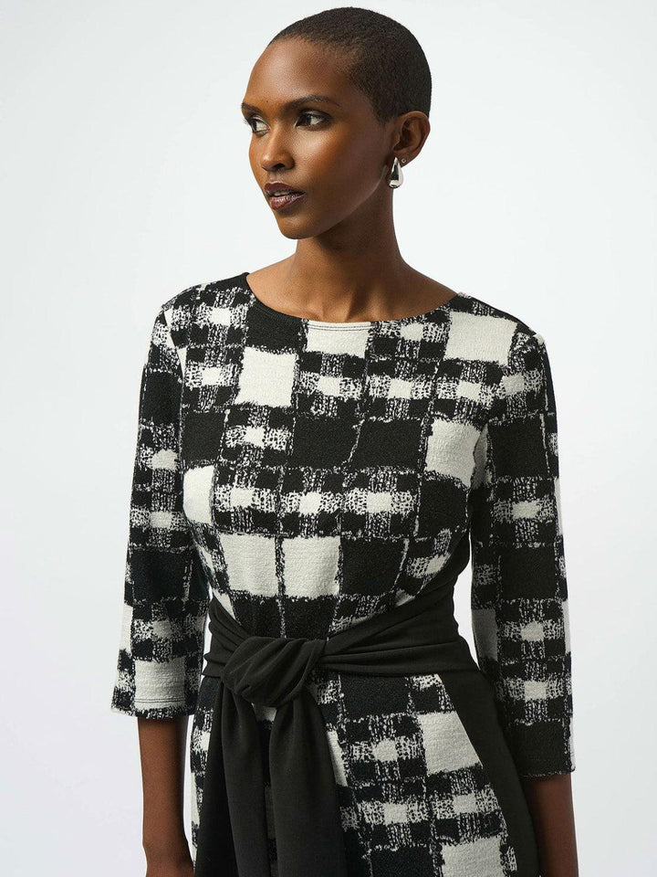 Joseph Ribkoff Jacquard Check Pencil Dress In Black/Cream 253289-Nicola Ross