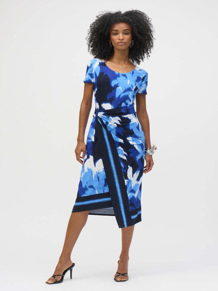 Joseph Ribkoff Knee-length Wrap Dress In Blue/Vanilla 252179-Nicola Ross