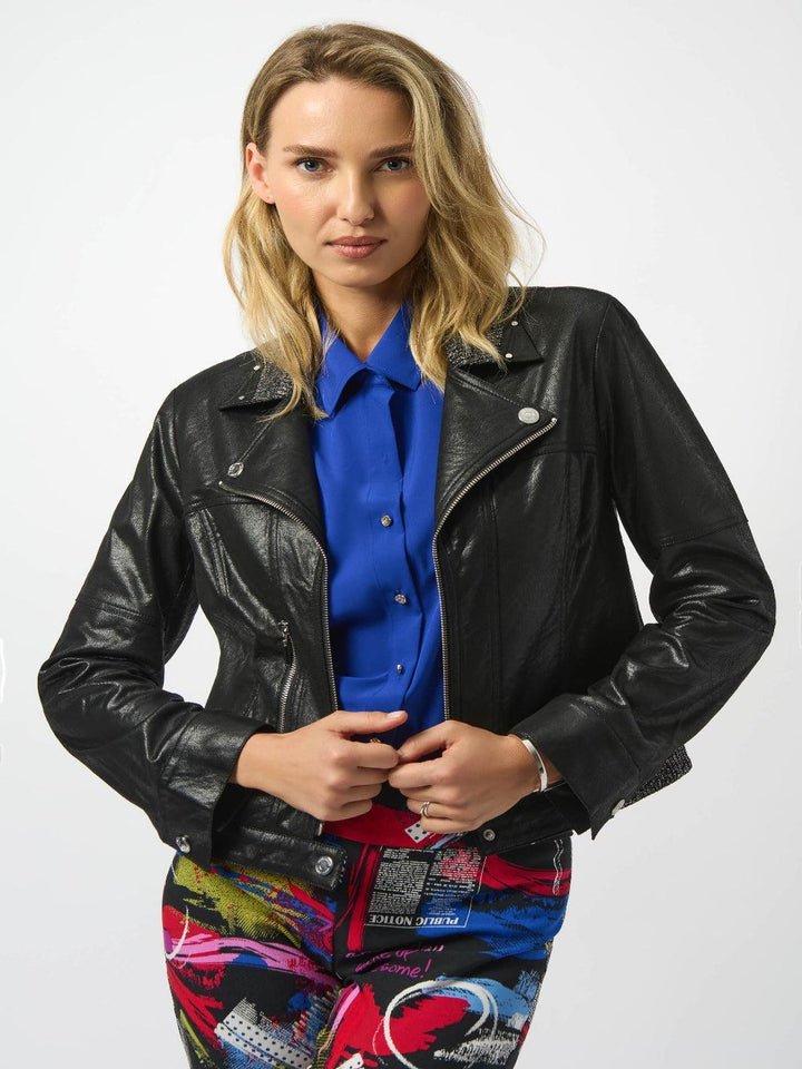 Joseph Ribkoff Leather Collared Top In Black 253978-Nicola Ross