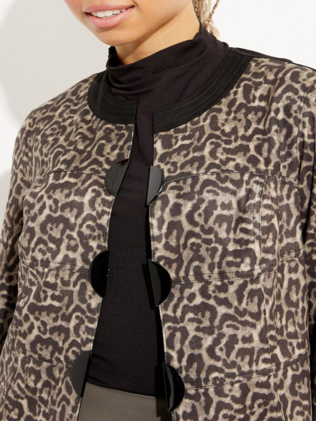 Joseph Ribkoff - Leopard Print Rounded Collar Jacket In Black/Beige 233953-Nicola Ross